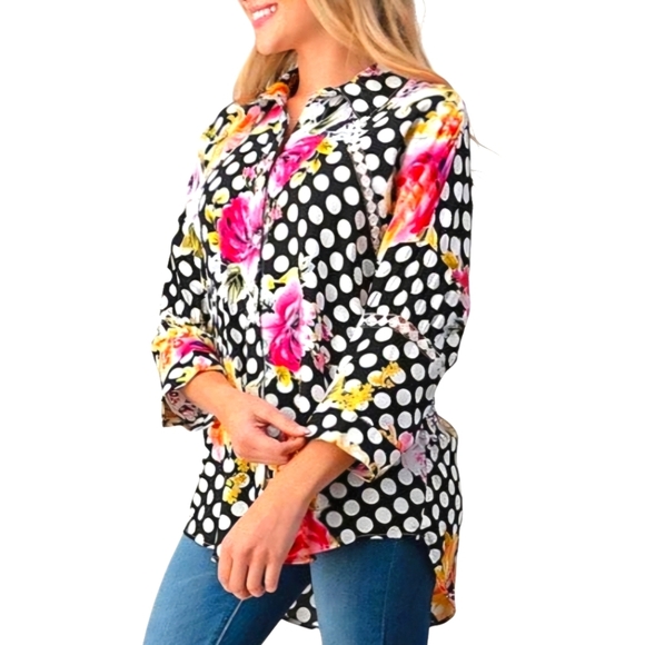 Cirana Tops - Cirana Polka Dot Floral Lace Insert Button Up Shirt Black White Pink Size Medium